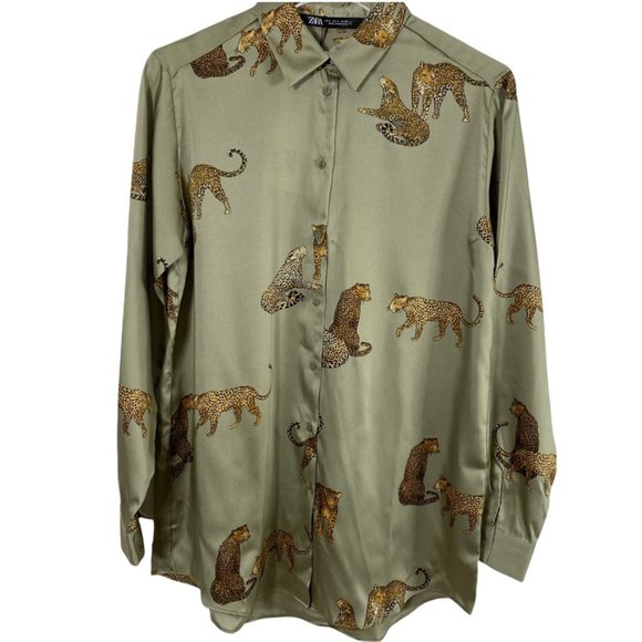 Zara Leopard silky button down blouse green size S - Picture 2 of 11